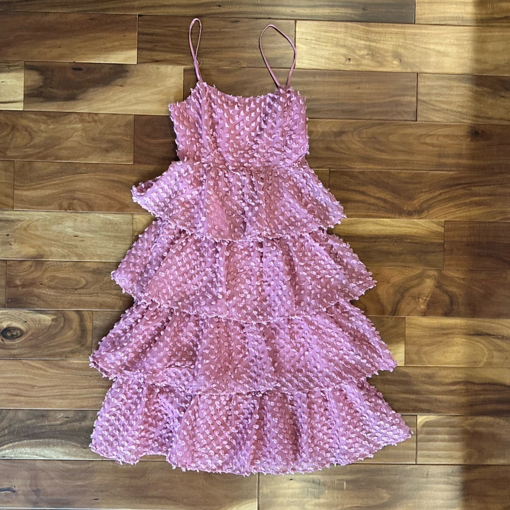 Lulu's Flirting with You Mauve Tiered Pom Pom Midi Dress size XS - Picture 6 of 9
